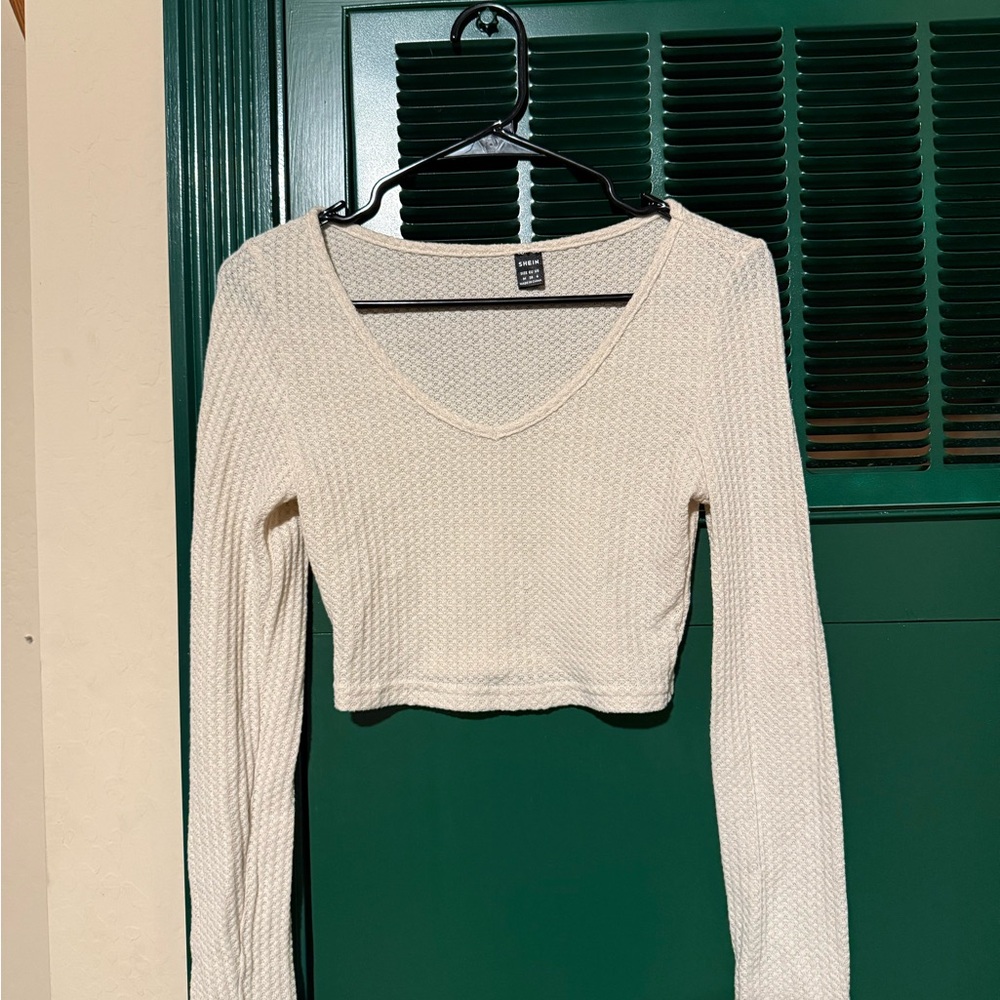 Cream Ribbed Long Sleeve Crop Top
